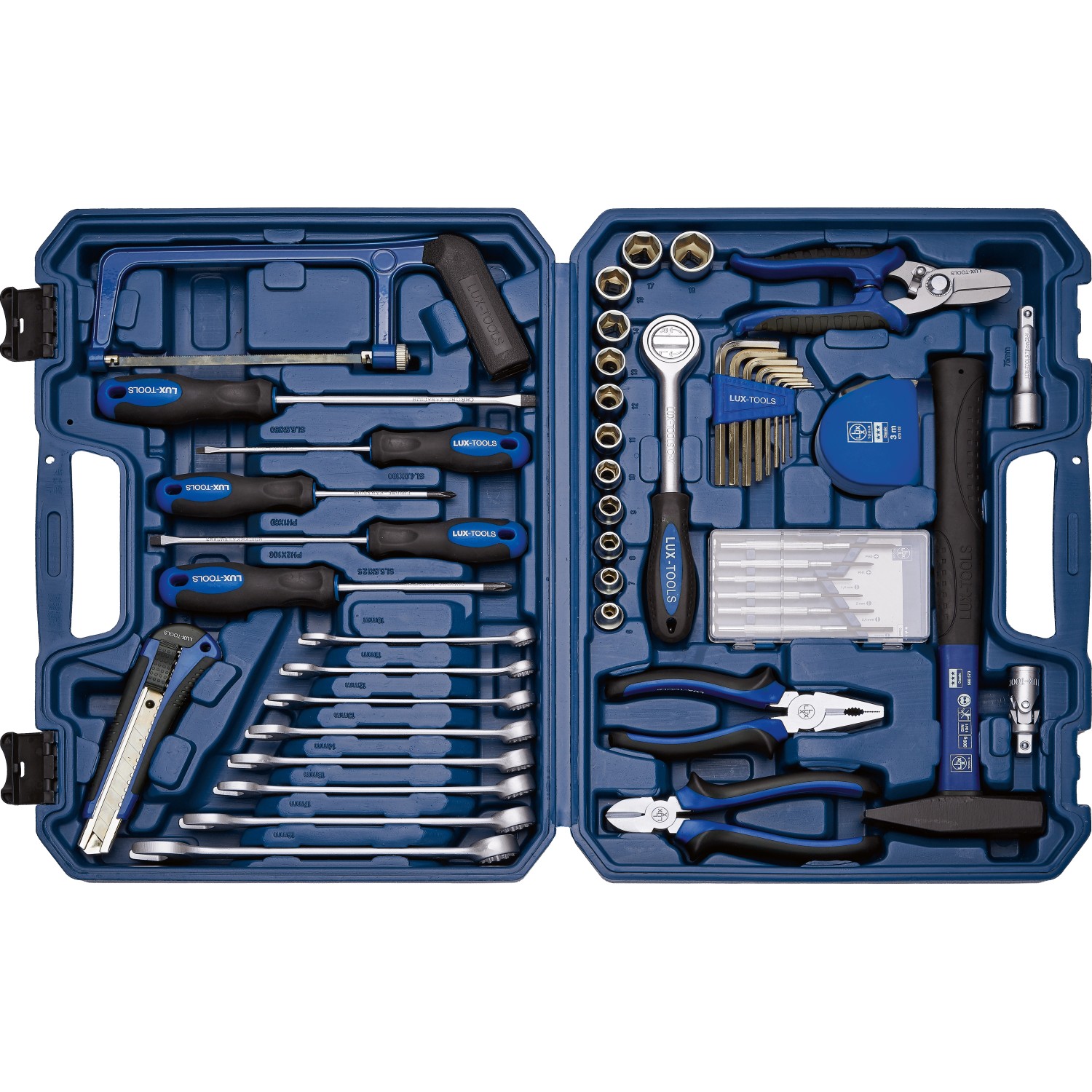 Valigetta attrezzi LUX Classic blu aperta, 54 pezzi con utensili come martello, cacciaviti, pinze, chiavi inglesi.