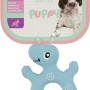 Giocattolo blu per cuccioli con foro e motivo a spirale, ideale per la masticazione.