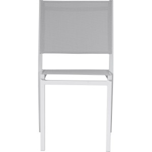 Sedia da giardino t.b.t. con rivestimento in tessuto grigio e struttura bianca.