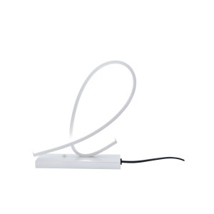 Moderna lampada da tavolo LED bianca con design curvo per illuminazione d'atmosfera.