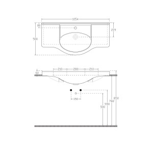 Disegno tecnico di un lavabo singolo t.b.t. con dimensioni.