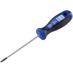 Cacciavite LUX Comfort TX10 con manico blu e nero e protezione anti-rotolamento.