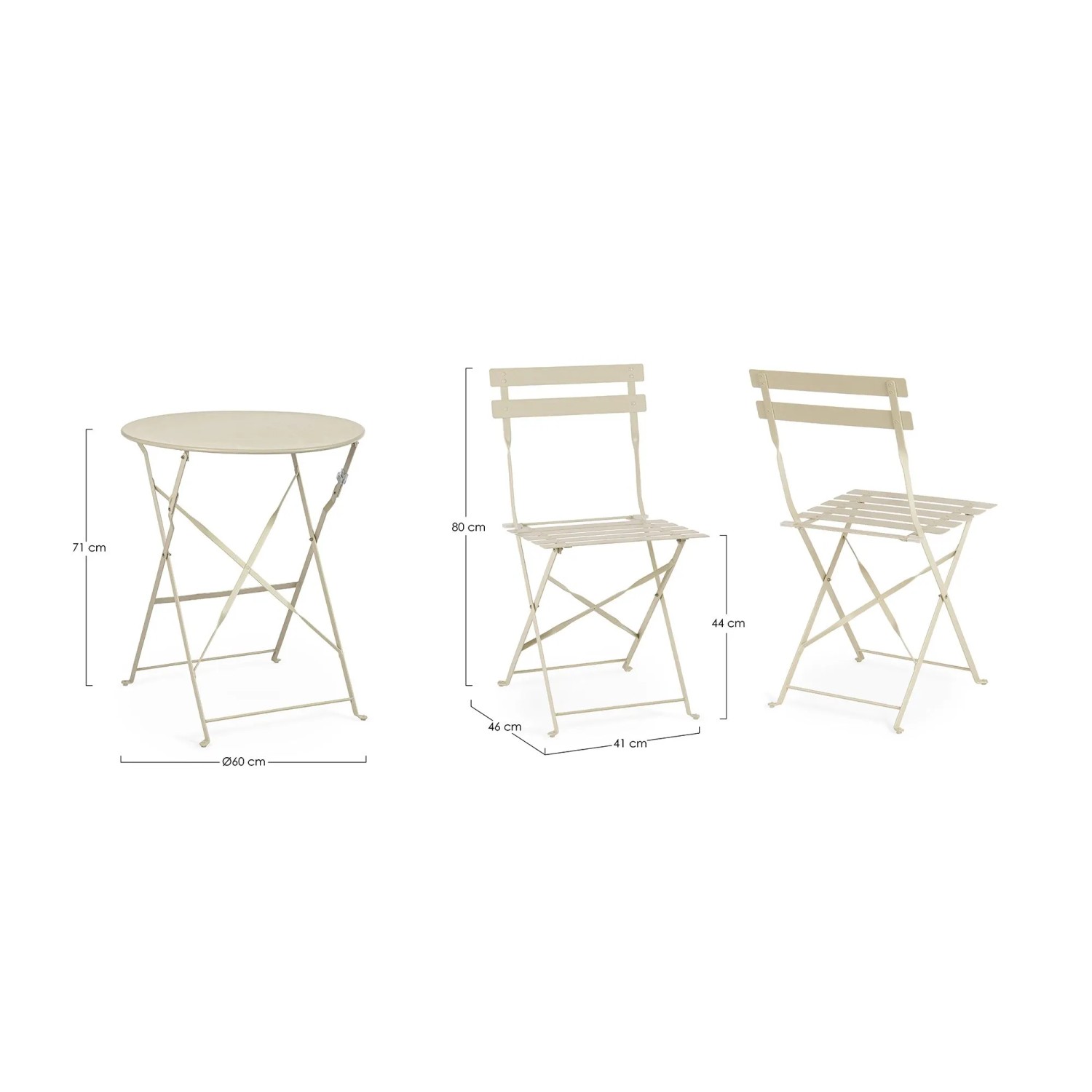 Set bistro AUSTIN: Tavolino da giardino pieghevole e due sedie in acciaio beige.