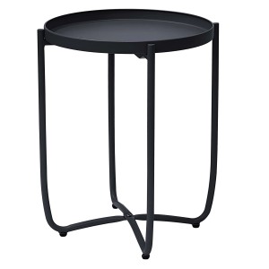 Tavolino da giardino t.b.t. nero con piano rotondo e struttura in metallo.