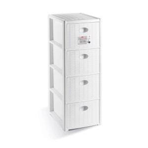 Cassettiera bianca t.b.t. con quattro cassetti effetto rattan.