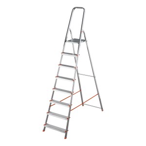 Scala domestica argentata con sette gradini e maniglione di sicurezza. Ideale per casa e giardino.