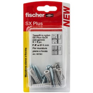 Fischer Tasselli SX 6x30 con gancio, set da 8: Tasselli in nylon per fissaggi sicuri in materiali pieni e forati.