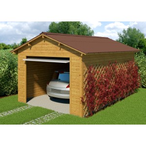 Garage in legno con tetto bituminoso marrone e grigliato con piante rosse.