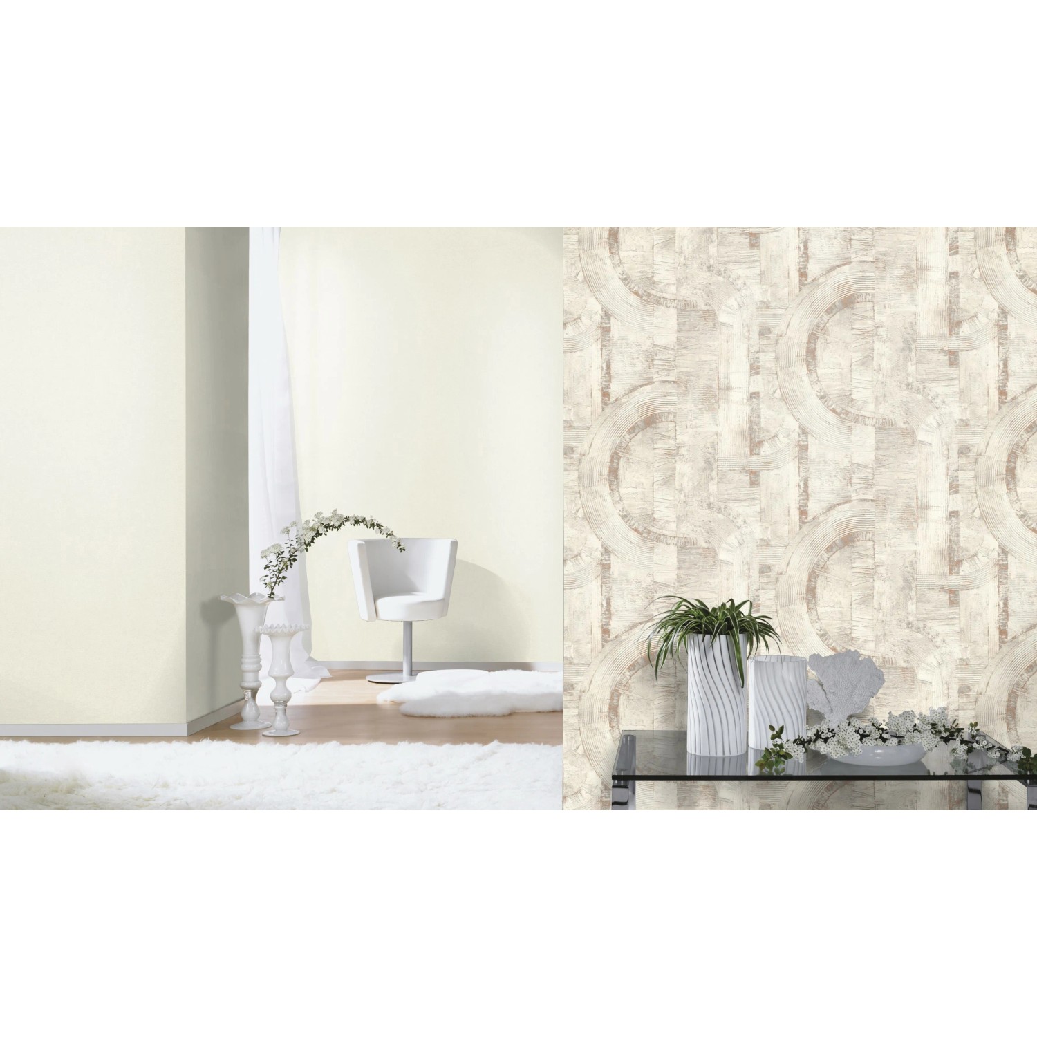 Carta da parati in tessuto non tessuto Rasch Composition 554410, tinta unita bianca, struttura tessile, leggera lucentezza.