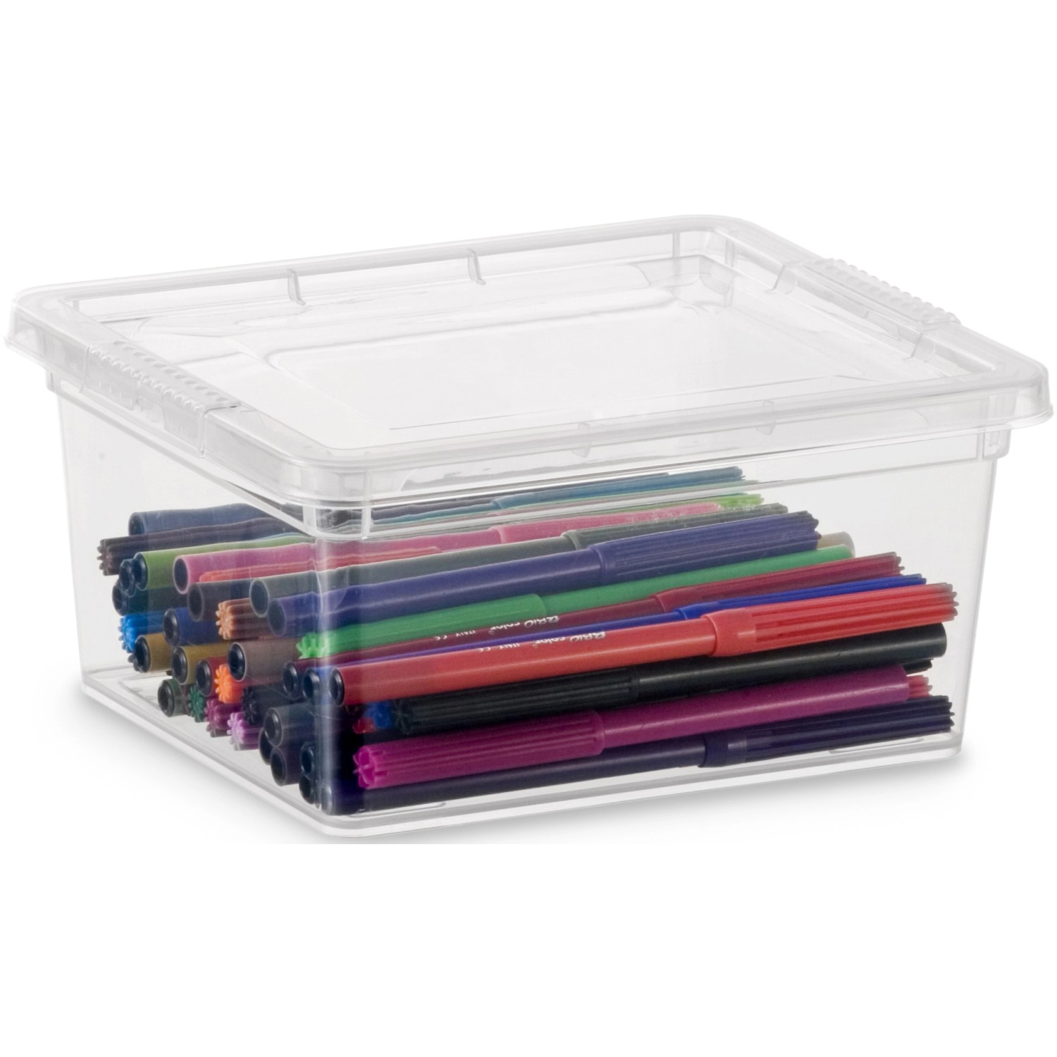 Box portaoggetti trasparente KIS C XXS con coperchio, riempita con penne.