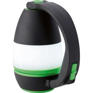 Lampada da borsetta LED nera con manico e dettagli verdi.