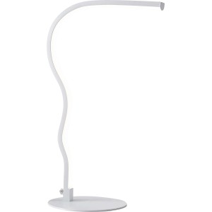 Lampada da scrivania t.b.t. bianca con braccio curvo e base rotonda.
