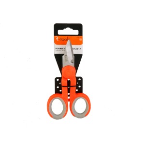 Forbici da elettricista arancioni con manico grigio, confezionate.
