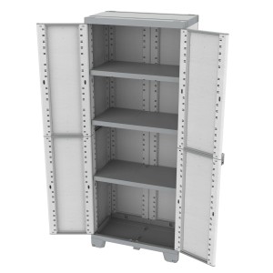 Armadio portautensili t.b.t. grigio aperto con quattro ripiani.