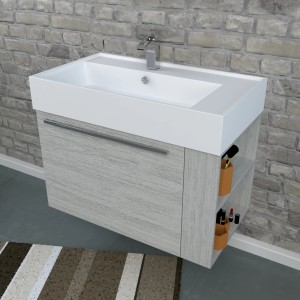 t.b.t. Lavabo singolo con vasca bianca e mobiletto effetto legno.