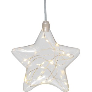 Figura luminosa a LED a forma di stella trasparente per interni con luce bianca calda.