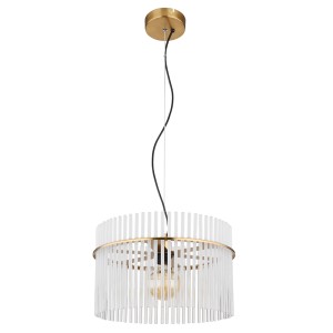 Lampada a sospensione moderna con aste trasparenti e dettagli dorati.