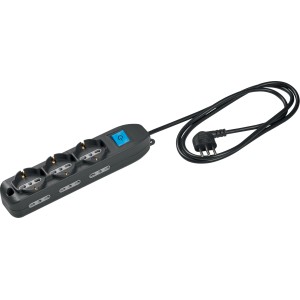 Multipresa nera t.b.t. con quattro prese e interruttore.