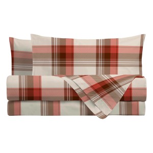 Set di lenzuola t.b.t. con motivo a quadri beige, rosso e marrone.