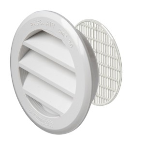Griglia di ventilazione t.b.t. bianca e rotonda con lamelle e griglia di protezione.