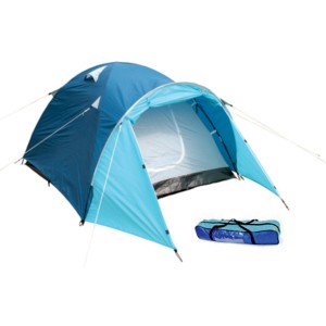 Tenda da campeggio blu t.b.t. con ingresso aperto e borsa da trasporto.