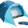 Tenda da campeggio blu t.b.t. con ingresso aperto e borsa da trasporto.