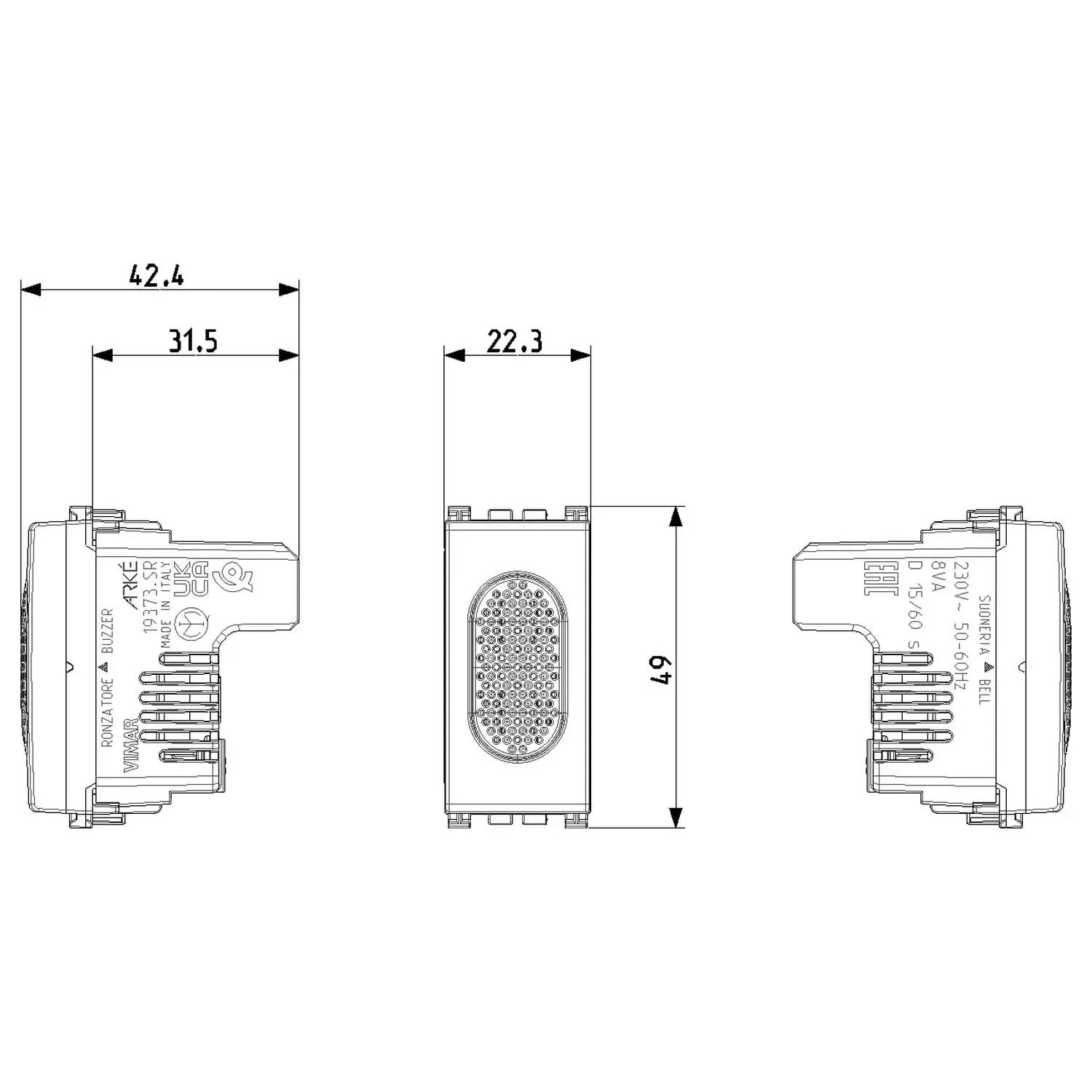 Disegno tecnico di moduli cicalino t.b.t. con dimensioni per l'installazione.