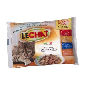 LE CHAT Cibo umido per gatti Special Pack, 4 x 100g, gusti assortiti. Alimento completo per gatti.