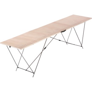 Tavolo da parati in legno LUX con telaio in acciaio, 300x60 cm, con scala di misura stampata.