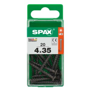 Viti universali Spax, 4x35 mm, zincate, nere, 20 pezzi in contenitore di plastica trasparente.