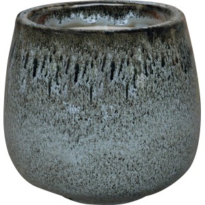 Vaso da fiori in terracotta grigia con superficie strutturata.