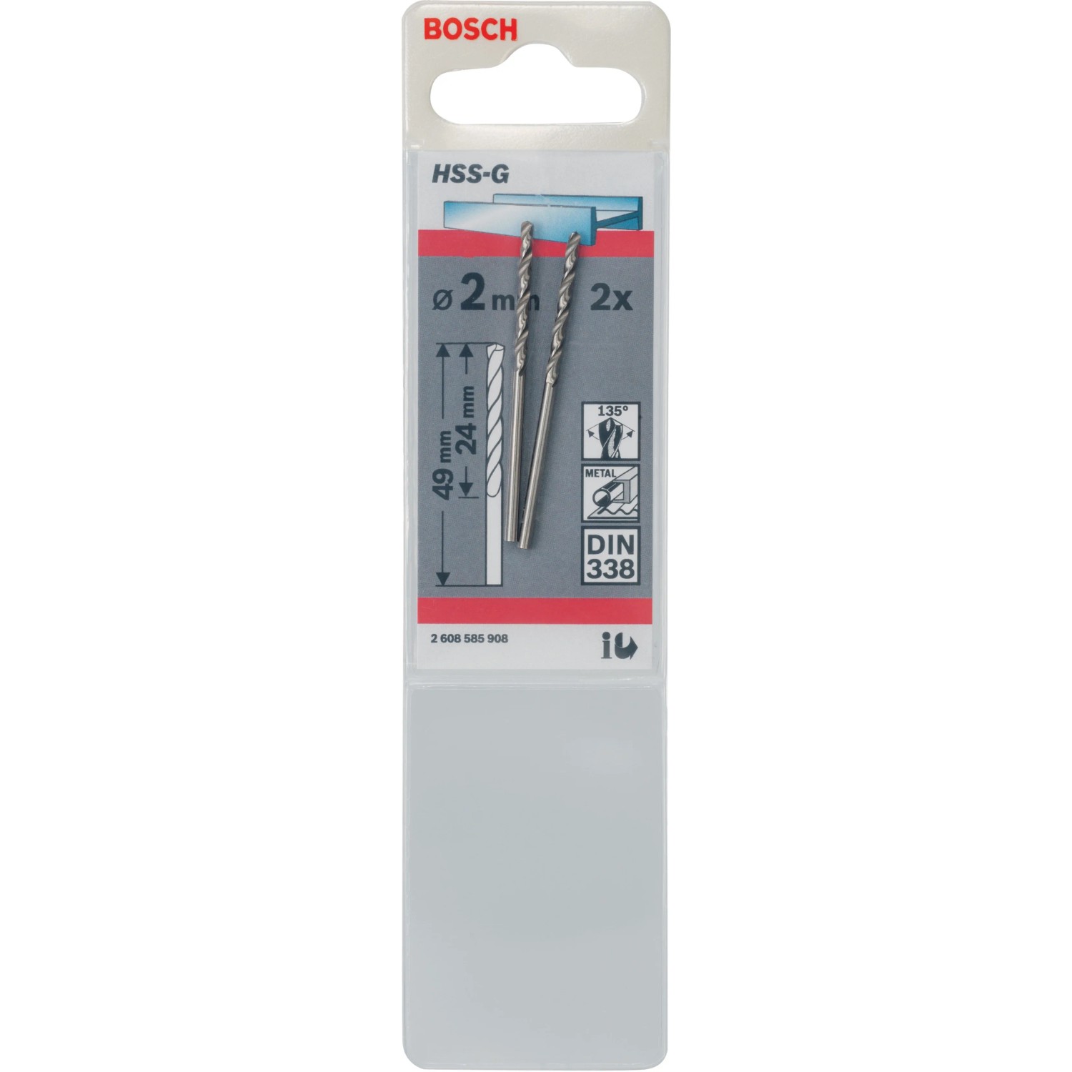 Confezione da 2 punte per metallo Bosch PRO HSS-G, 2 mm, per forature precise nel metallo.