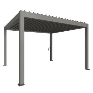 Pergola Biohort, grigio quarzo metallizzato, copertura per patio con lamelle e scarico acqua piovana.