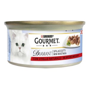 Lattina di cibo umido per gatti Gourmet Diamant Sfilaccetti con vitello.