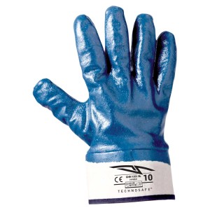 Guanto da lavoro t.b.t. blu con polsino bianco e scritte nere.