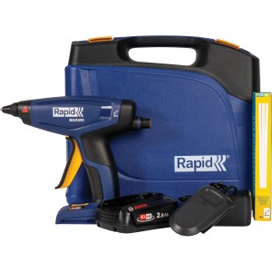 Pistola per colla a caldo a batteria Rapid BGX500 18 V con batteria, caricabatterie e valigetta.