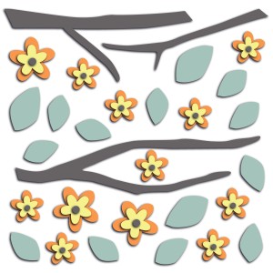 Adesivo da parete con fiori, foglie e rami per una decorazione primaverile.