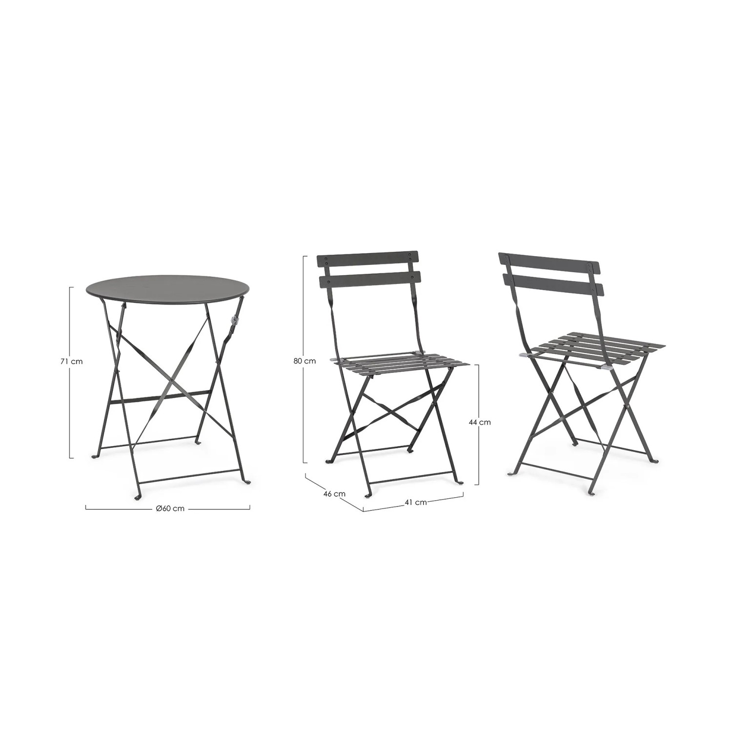 Set bistrot AUSTIN, set di mobili da giardino con tavolo pieghevole e due sedie in acciaio trattato.