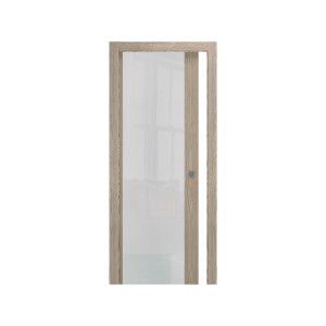 Porta per interni t.b.t. con telaio in legno chiaro e vetro satinato.