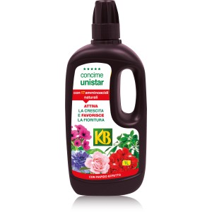 Concime universale liquido in flacone scuro con illustrazione di fiori.