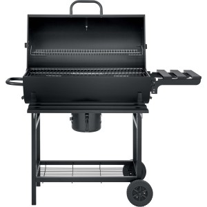 Barbecue a carbone nero con ripiano e ruote.