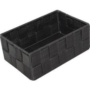 Cesto portaoggetti nero intrecciato per mobili da bagno.