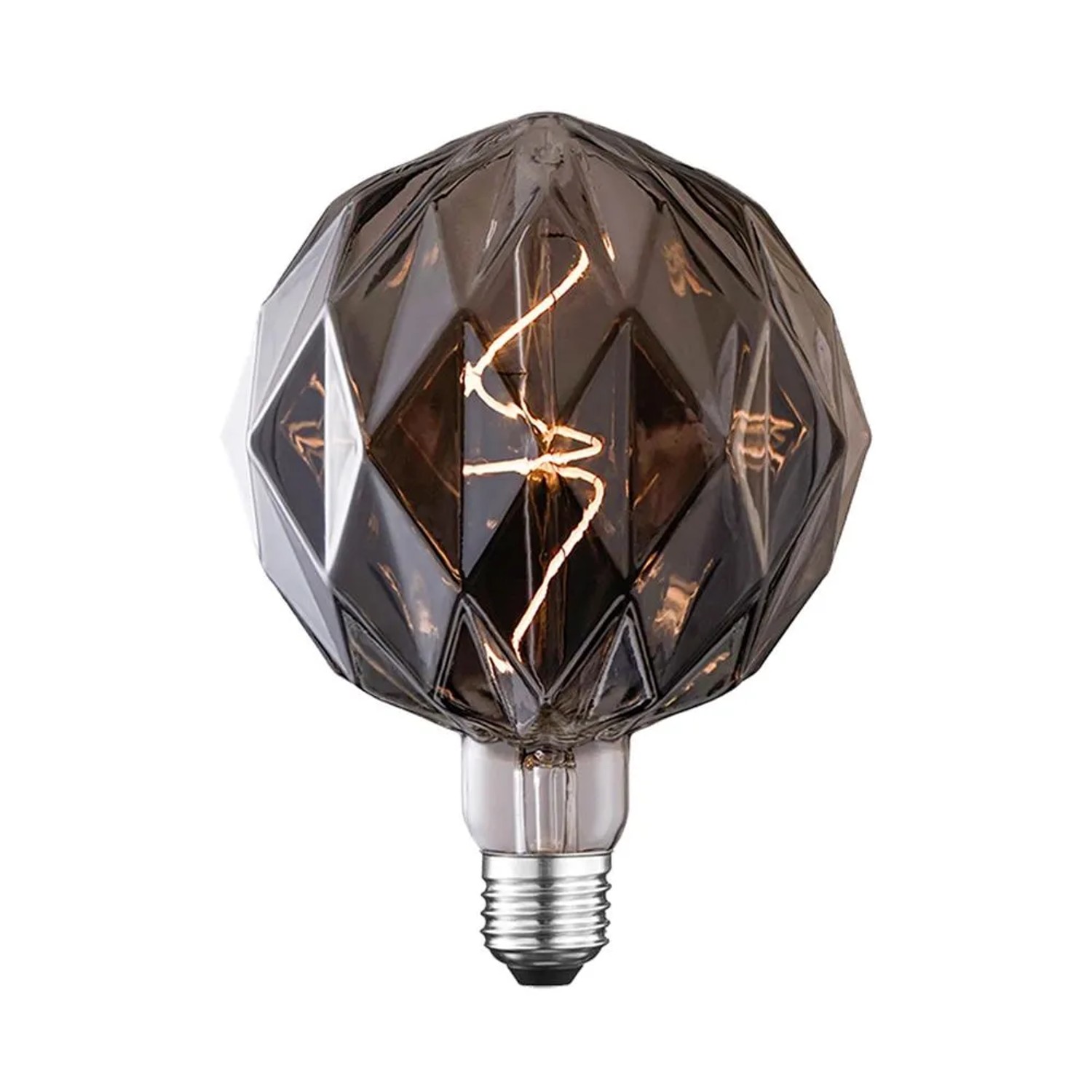 Lampadina LED E27 decorativa in vetro fumé con design geometrico.