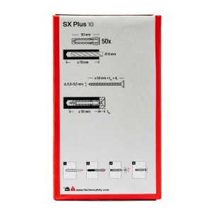 Fischer Tassello ad espansione SX 10x50, 50 pezzi, dettaglio della confezione con disegni tecnici.
