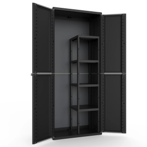 Mobile da balcone t.b.t. nero aperto con ripiani. Ideale per riporre oggetti sul balcone.