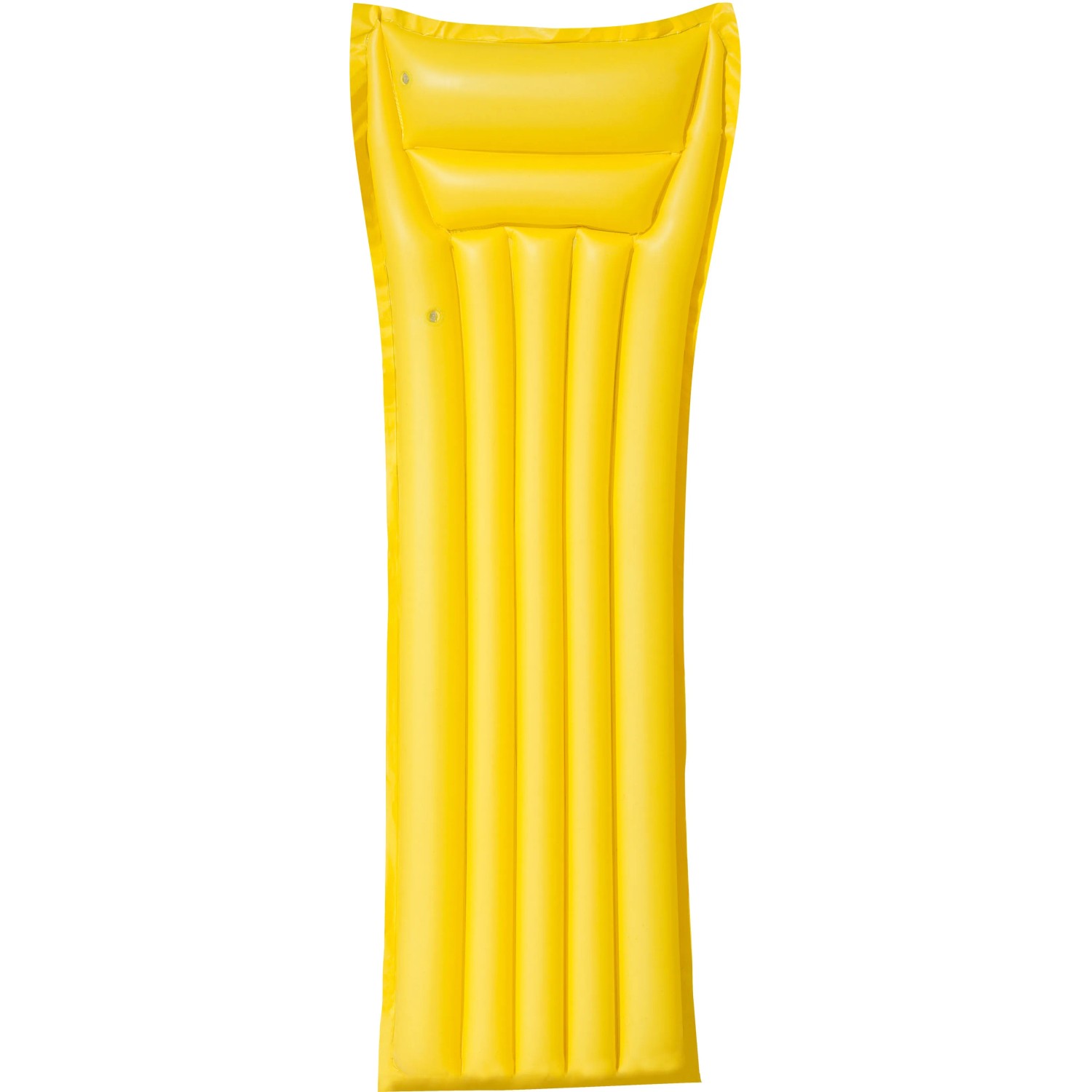 Materassino gonfiabile giallo con cuscino per piscina o lago.