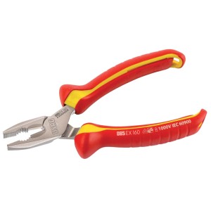 Pinze t.b.t. con manici rosso-gialli per lavori elettrici.