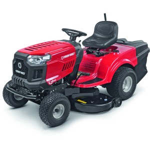 Trattorino tagliaerba rosso Troy-Bilt Horse 105T-R con scarico posteriore e cesto di raccolta.