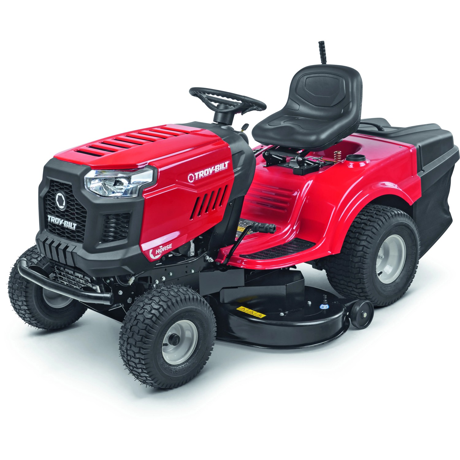 Trattorino tagliaerba rosso Troy-Bilt Horse 105T-R con scarico posteriore e cesto di raccolta.