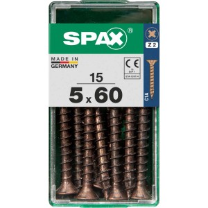 Viti per legno SPAX 5x60 mm, 15 pezzi in contenitore trasparente.